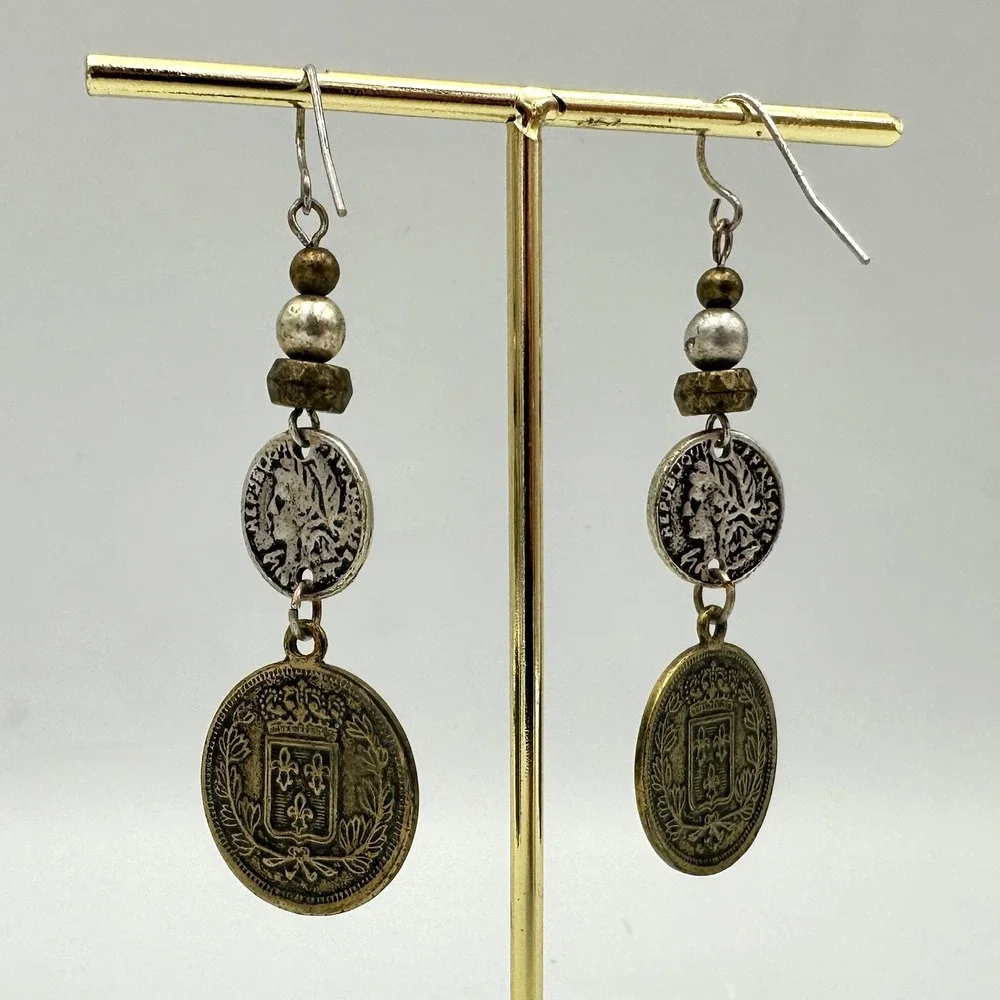 Vintage Style French Coin Drop Earrings Mixed Metal Boho Dangle Republique Franc - Picture 4 of 5